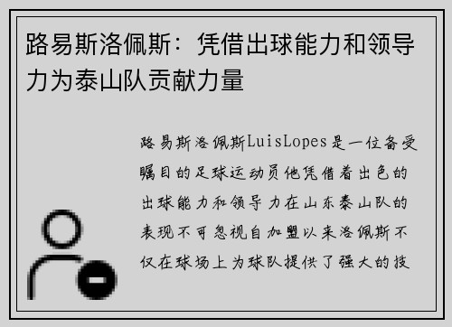 路易斯洛佩斯：凭借出球能力和领导力为泰山队贡献力量
