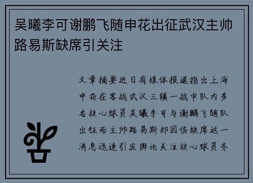 吴曦李可谢鹏飞随申花出征武汉主帅路易斯缺席引关注