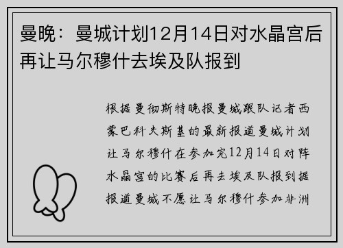 曼晚：曼城计划12月14日对水晶宫后再让马尔穆什去埃及队报到